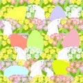 Primrose seamless pattern, easter eggs. Pink, blue, violet spring flowers, easter bunny